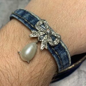 OOAK Jean Bracelet Made With Repurposed Jewelry, Rhinestones Pearls